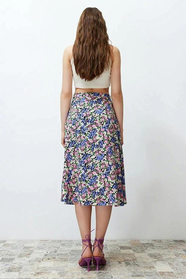 WOVCOR Floral Print Midi Woven Skirt with Slit Detail