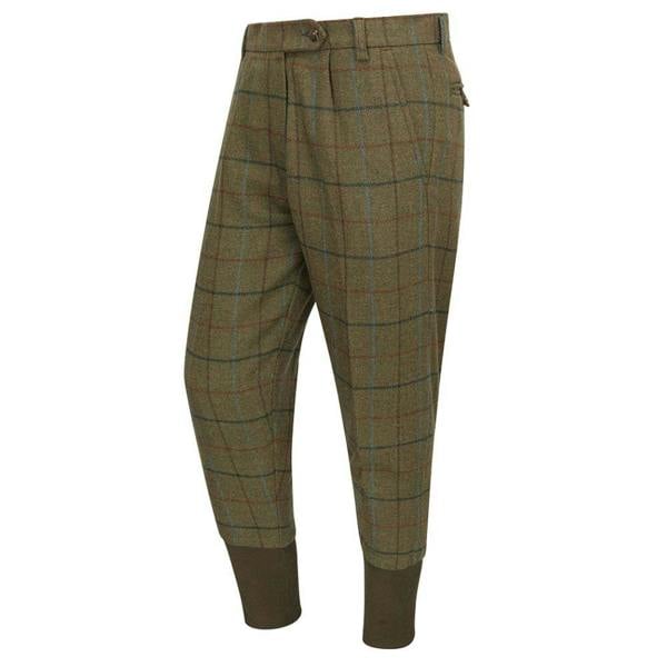 Hoggs of Fife Kingussie Technical Tweed Breeks in olive check wool blend tweed with ribbed storm cuffs for shooting and country sports