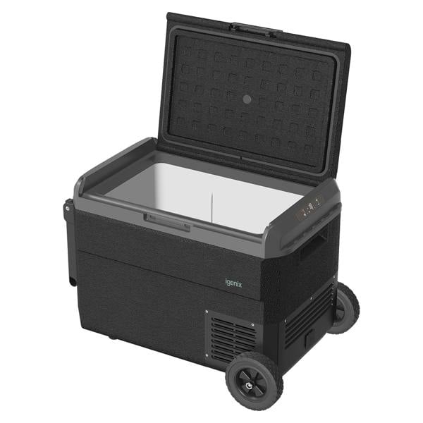 The Igenix 50L Portable Fridge Freezer in black features two wheels, a side control panel, and an open lid showing the empty interior—ideal for camping, with the Igenix logo visible on the front.