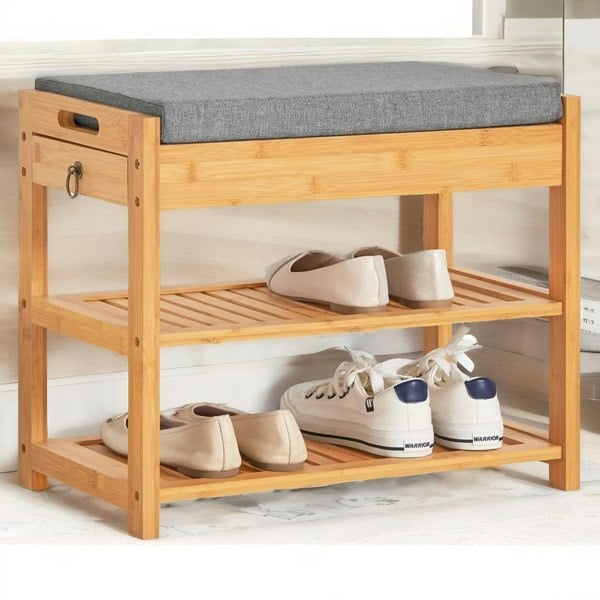 Rafaelo Mobilia Bamboo Shoe Storage Bench With Hidden Drawer & Cushioned Seat