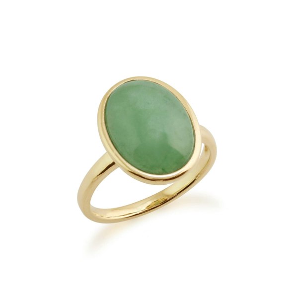 Classic Oval Dyed Green Jade Bezel Stud Earrings & Cocktail Ring Set in 9ct Yellow Gold - Gemondo