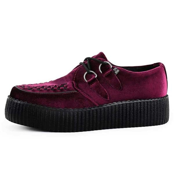 TUK Footwear TUK Viva High Creeper Burgundy Velvet Platform Lace-Up Goth Shoes - AV6802