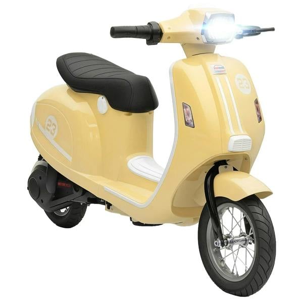 Beige kids electric ride-on motorbike with LED headlight, black seat