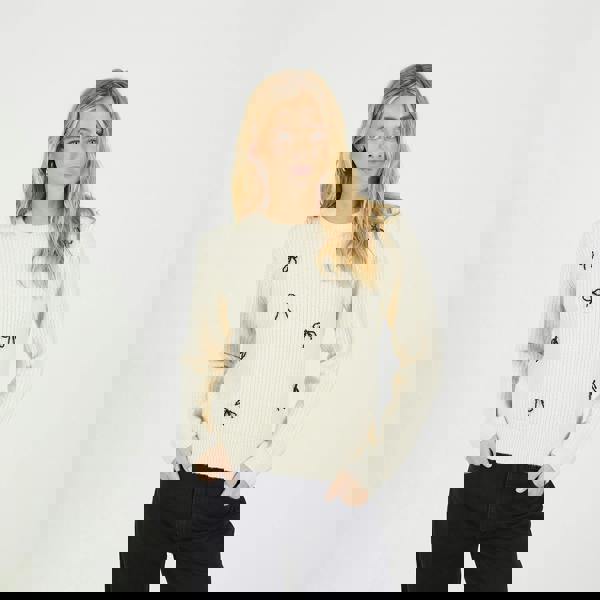 Brave Soul Cream Crew Neck Jumper With Jewel Bow Detail - Cream Image 1