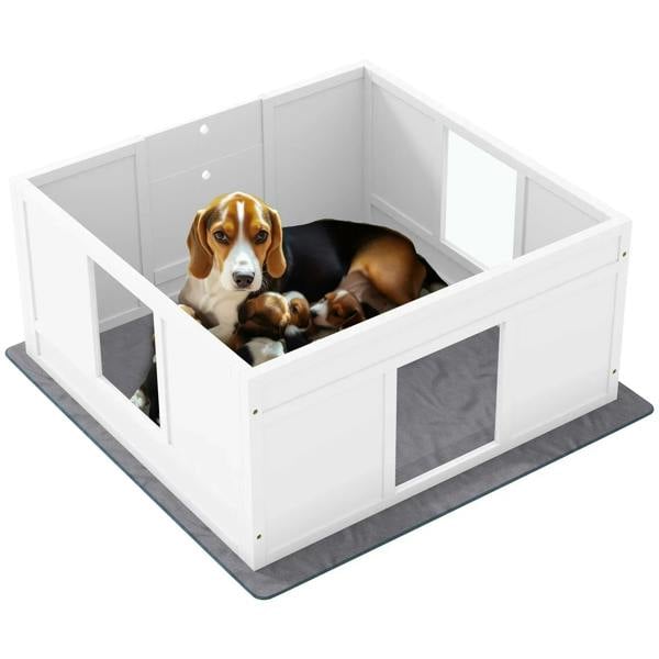 White dog whelping box with open adjustable entrance and gray non-slip base pad, medium size