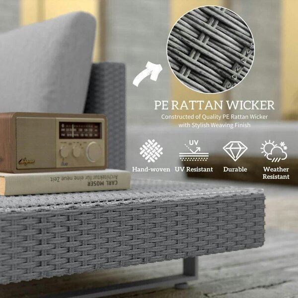 Three-Piece Rattan Sofa Set, with Cushions - Light Grey