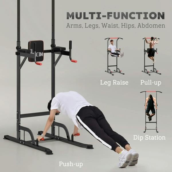 Multi-function power tower with pull-up bar, dip station, and push-up foot pads