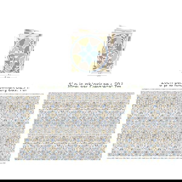 WT1544 - Light Sapphire and Parchment colour Traditional Spanish Tiles Wall Stickers - 15 cm x 15 cm - 24 pcs