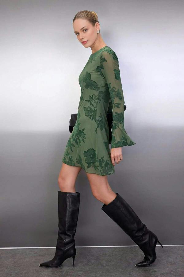 WOVCOR Flock Printed Lined Mini Dress with Tulle Flare Sleeves