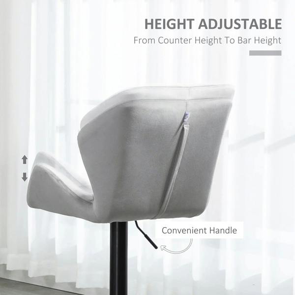 Grey upholstered bar stool with curved backrest and height-adjust handle on black column