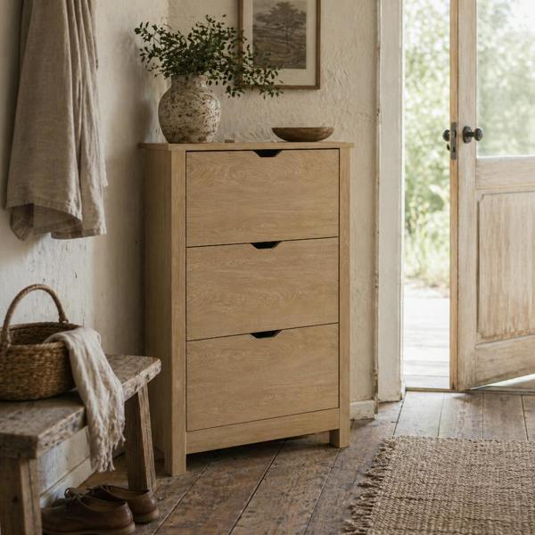 Wyld Haus Nesela Wooden Natural Wood Finish Slim Shoe Cabinet With 3 Flip Drawers For 18 Pairs