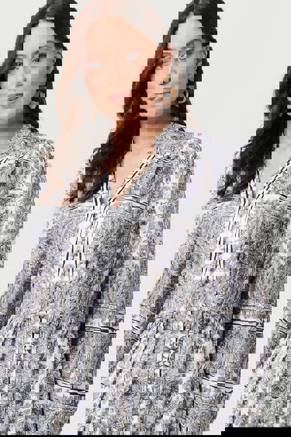 Grey | Printed Long Sleeve Shirred Midi Dress