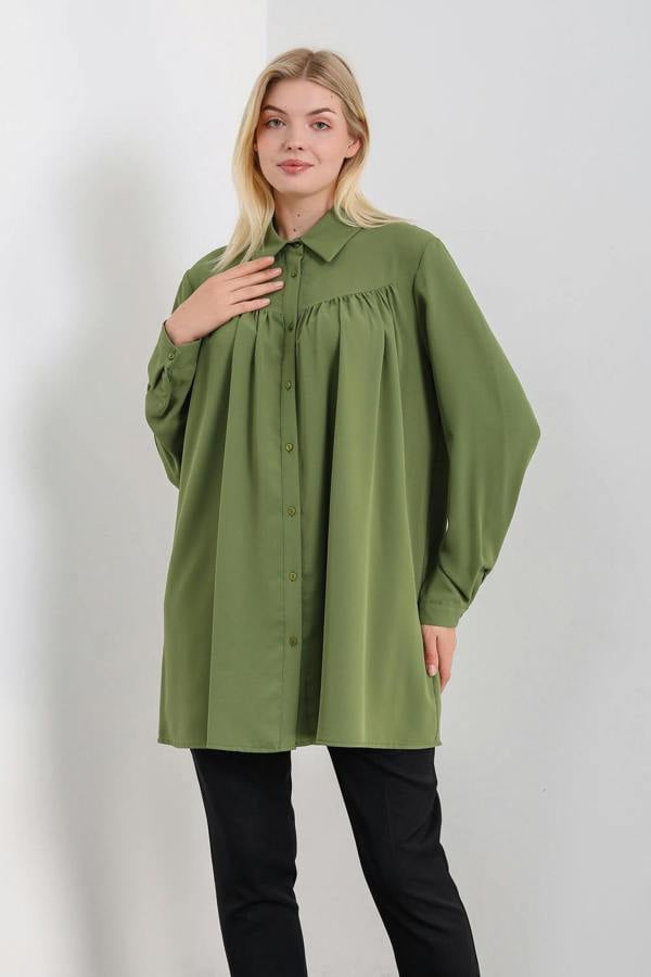Hoxton Gal Relaxed Fit Long Sleeves Tunic in Khaki