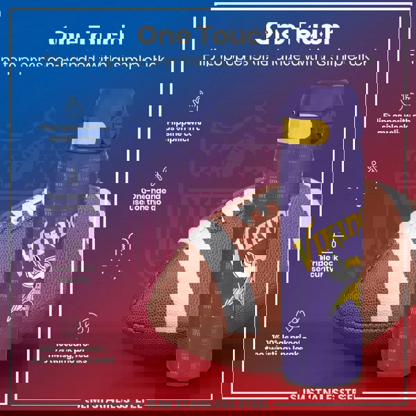 A purple water bottle, featuring a flip top and Minnesota Vikings branding, rests against a football. The bottle is advertised as one-handed, leakproof, and secure. "One Touch," "Flip top opens one-handed with a simple click," and "Slim Stainless Steel" are also displayed.