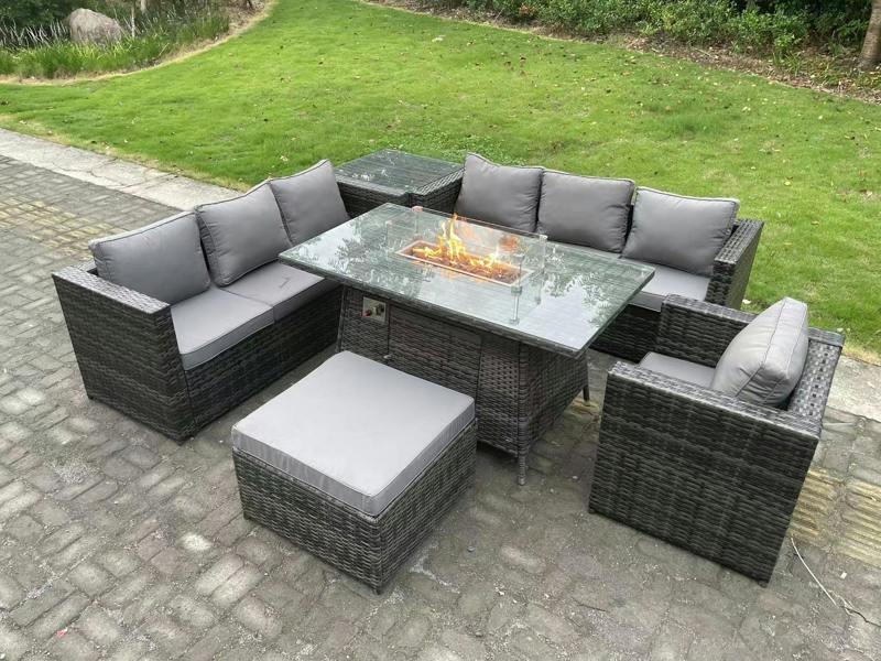 Fimous 8 Seater Rattan Garden Furniture Patio Set, Gas Fire Pit Dining Table, Side Table, Armchair, Big Footstool, Dark Grey Mixed