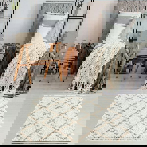 Moroccan Design Thick Shaggy Area Rugs Ivory Beige