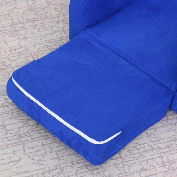 Blue padded sofa bed seat cushion with white-trimmed edge and rounded corners