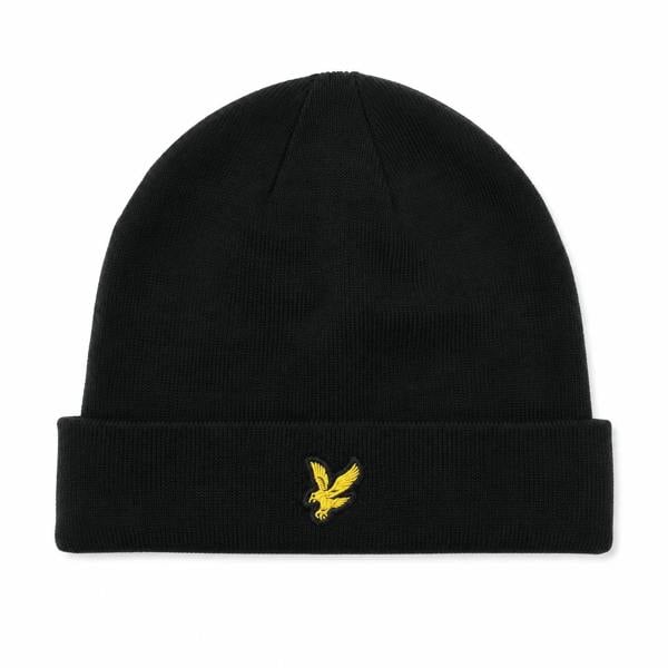 Jet black Lyle & Scott basic beanie hat in ribbed knit with a turn-up brim and gold eagle badge.