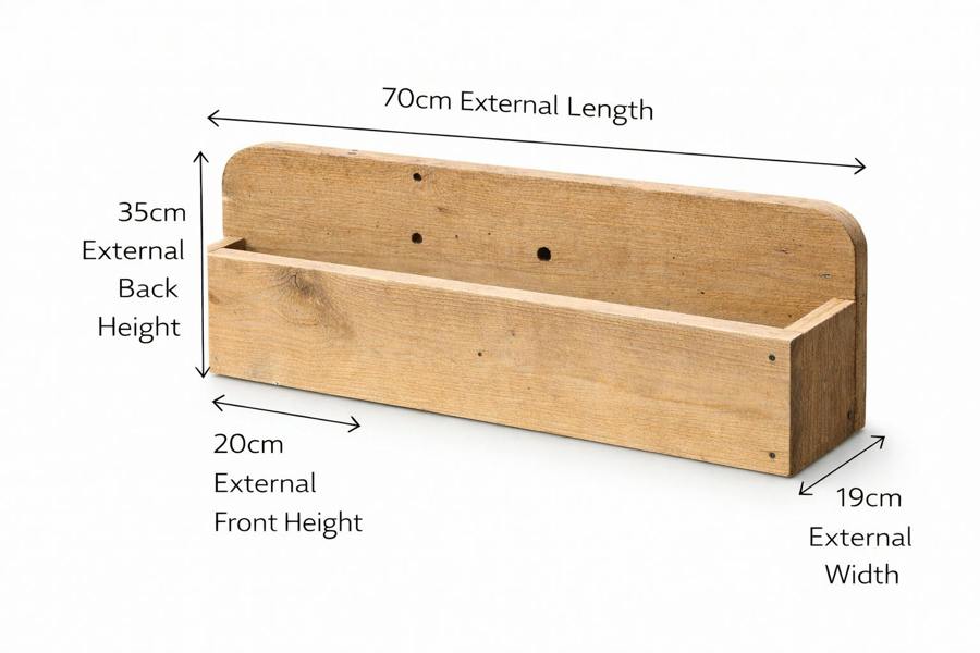 Wall mounted rough sawn garden trough with labelled external dimensions