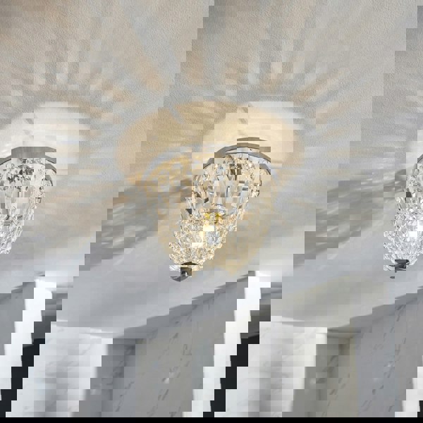 Decorative Flush Bathroom Ceiling Light Fitting - Clear Glass Faceted Crystals