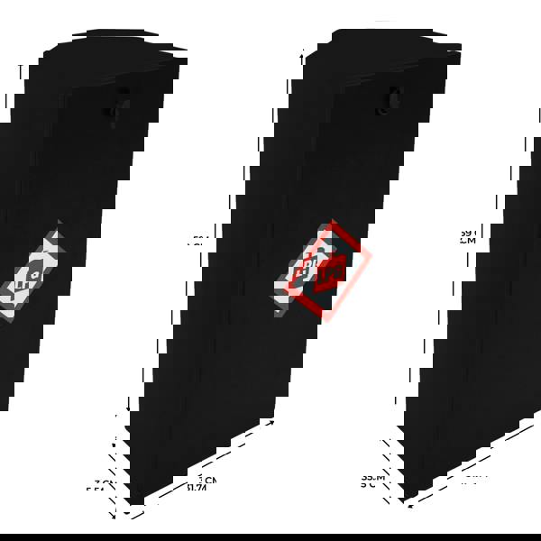 Black gas bottle locker for 6kg LPG cylinders, featuring a warning label, dimensions 59 cm height, 35.5 cm width, 31.7 cm depth