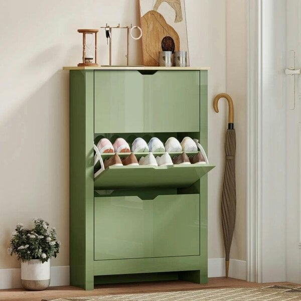 Slim Shoe Cabinet, Narrow Shoe Cupboard with 3 Flip Drawers, Adjustable Shelves for 18 Pairs of Shoes, High Gloss Green - Green