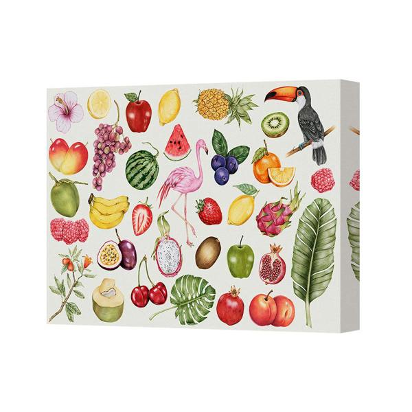 Benjamin Tate Design Colorful Fruit Themed Canvas Wall Art With Flamingo And Toucan