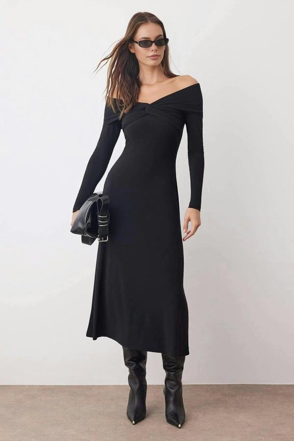WOVCOR Carmen Collar A-Line Stretch Knit Midi Dress
