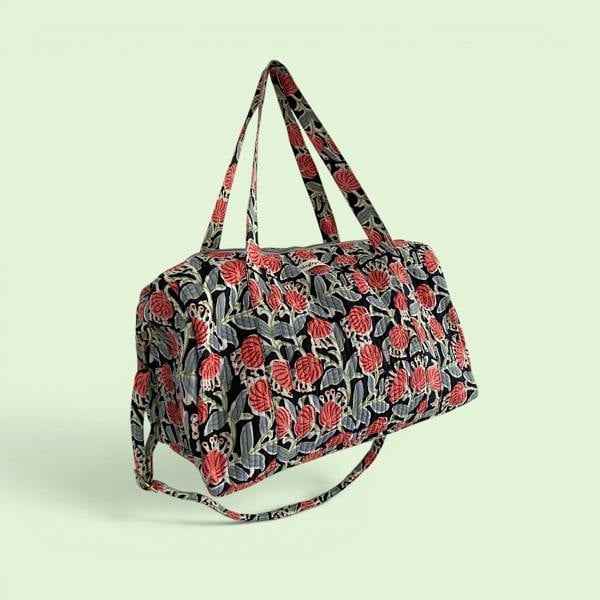 Hayley & Co Weekend Duffle Bag | Black and Red Block Print Floral with Long Strap