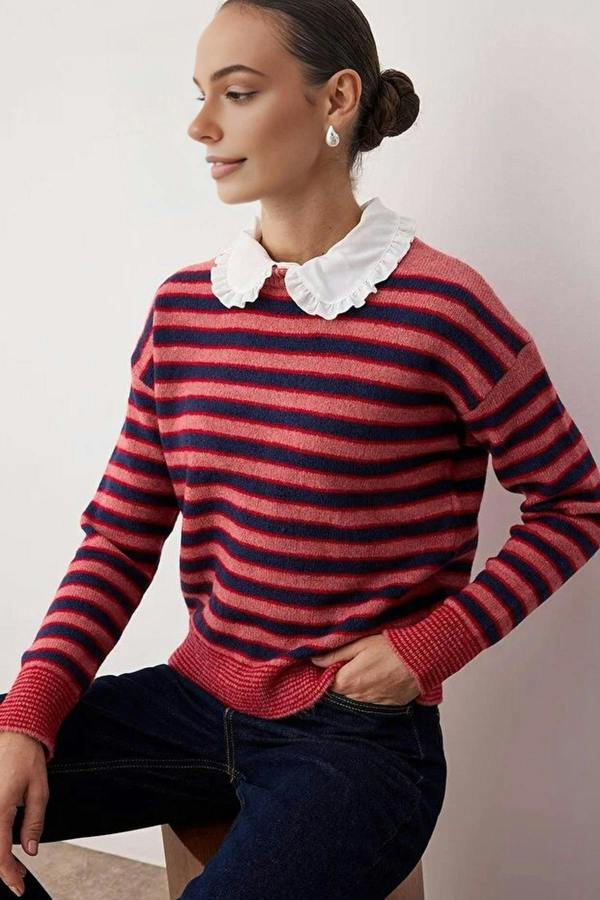 WOVCOR Detachable Collar Lace Trimmed Color Block Knit Sweater