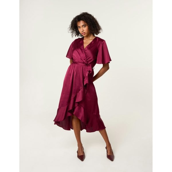 Blue Vanilla Satin Wrap Frill High To Low Midi Dress