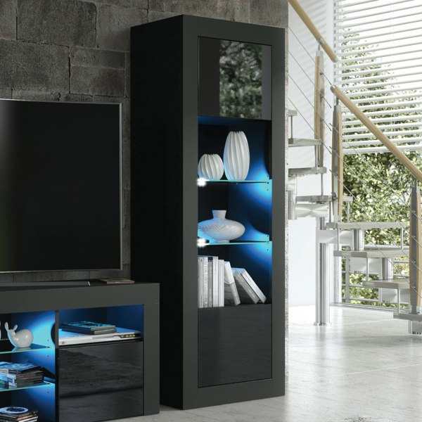 Mex Furniture 170cm Modern Sideboard Display Cabinet – Black Gloss Doors with LED