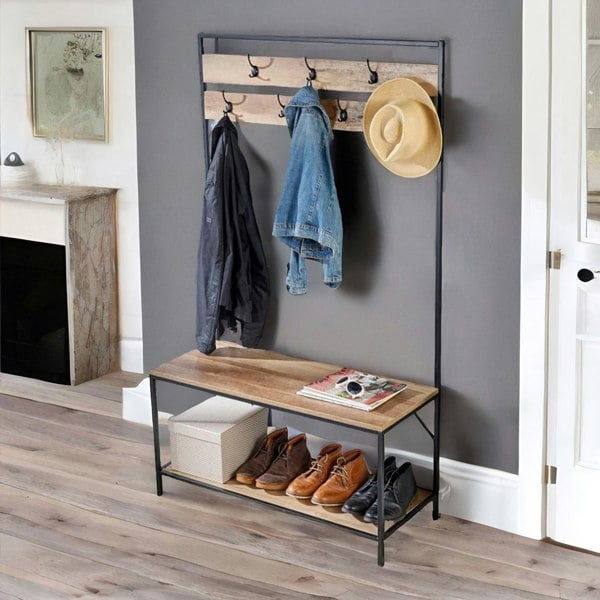 Rafaelo Mobilia Industrial Coat Rack Stand With 2 Shelves & 7 Hooks