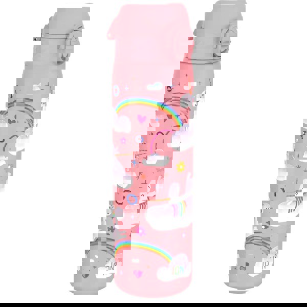 A pink water bottle featuring unicorns on clouds and rainbows surrounding it text reading "ION8" in a whimsical design