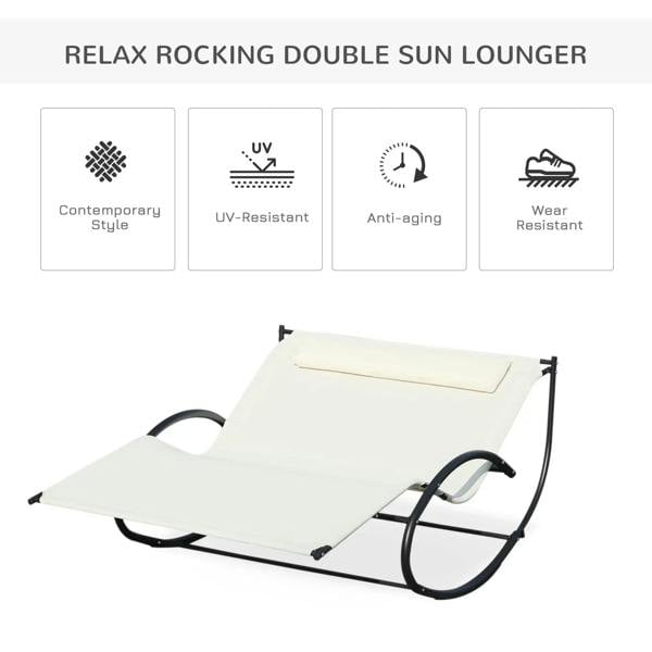 Cream double sun lounger with headrest pillow and black metal rocking frame
