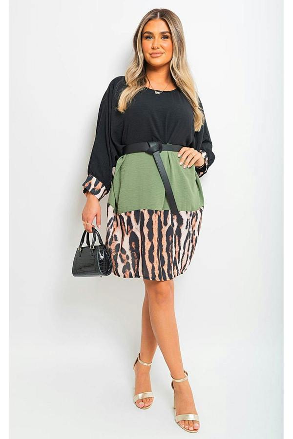 Clare Long Sleeve Leopard Trim Print Oversized Mini Dress - Khaki