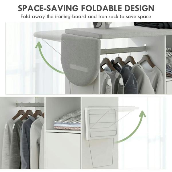 White cabinet ironing station with foldable hanging rack and covered iron board