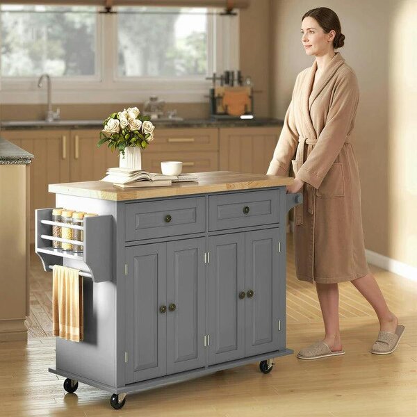 Kitchen Island on Wheels, Rolling Kitchen Trolley with Rubberwood Top, 2 Drawers, Adjustable Shelves, Grey