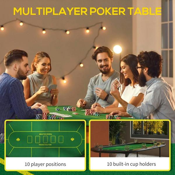 Multipayer poker table mat with green felt surface and black cup-holder positions