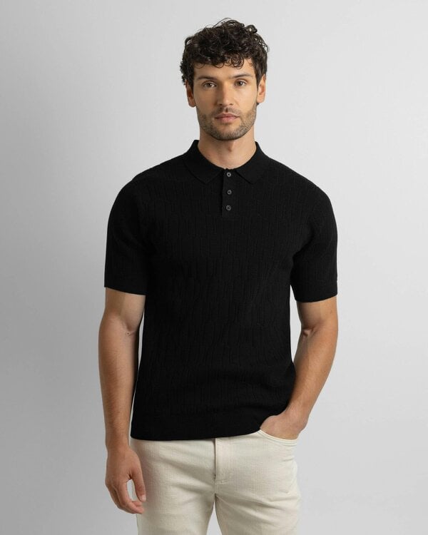 Steel & Jelly Tarvin - Geo Texture Knitted Polo Shirt - Black