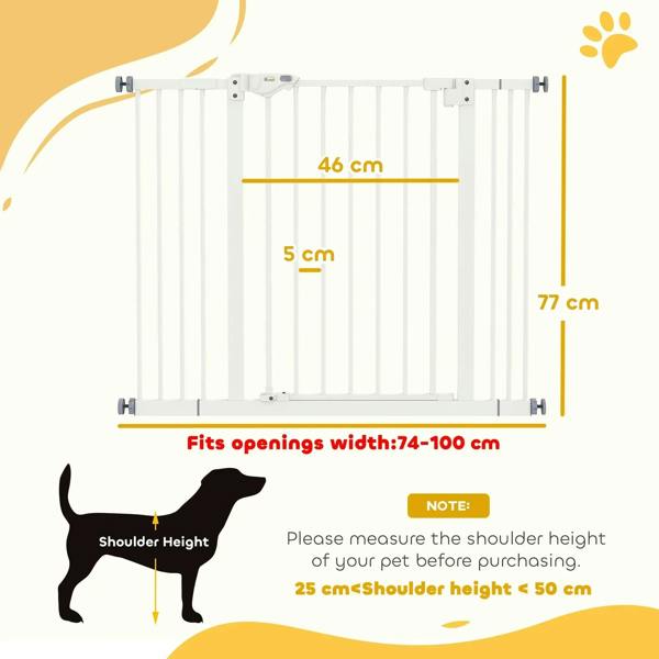 White safety gate illustration with adjustable width and opening fit markings