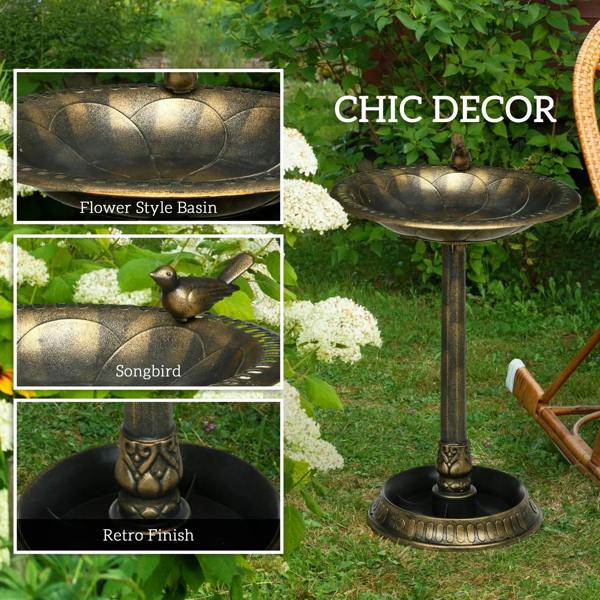 Bronze-tone vintage-style bird bath bowl on a tall pedestal with bird ornament
