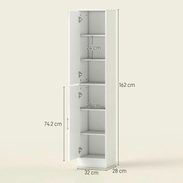 White tall bathroom cabinet with adjustable shelves, shown with size dimensions
