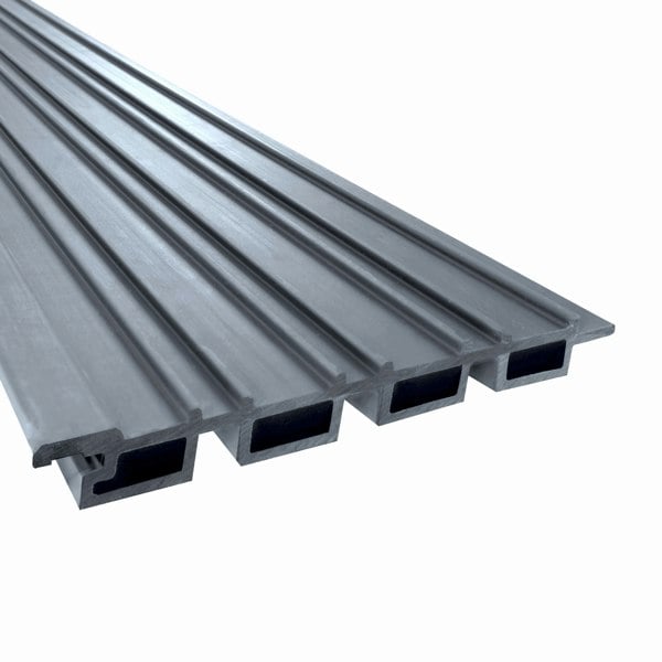 WPC slatted wall cladding panels in grey, featuring a sleek, textured surface with four interlocking sections for easy installation