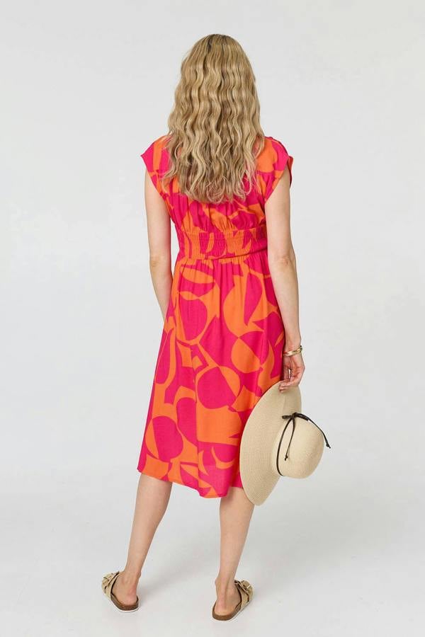 Pink | Abstract Cap Sleeve Shirred Midi Dress