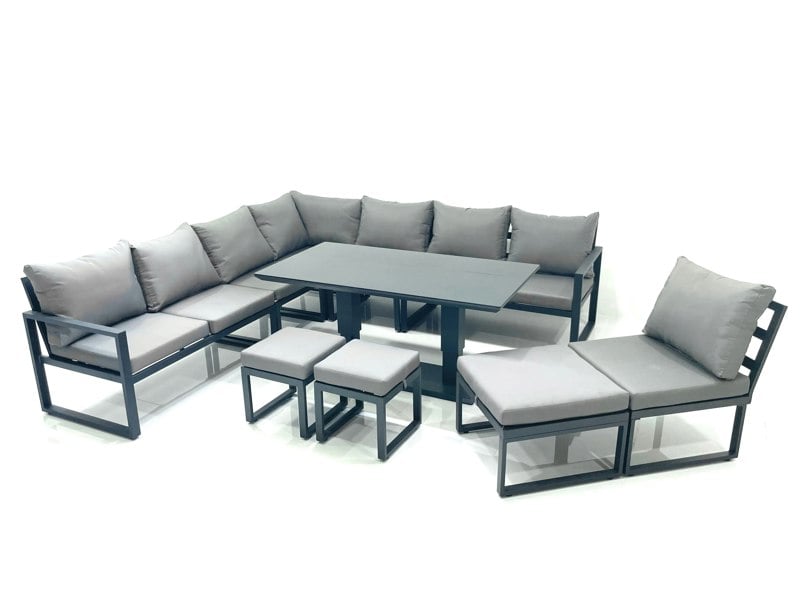 Fimous 11 Seater Outdoor Aluminium Garden Furniture Set Corner Sofa 3 Footstools Rising Lifting Dining Table Sets Dark Grey