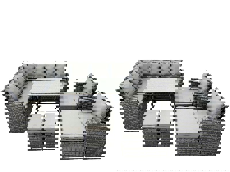 Fimous 11 Seat Rattan High Back Corner Sofa Set Patio Dining Table Set with 4 Stools 2 Chairs Dark Grey Mixed