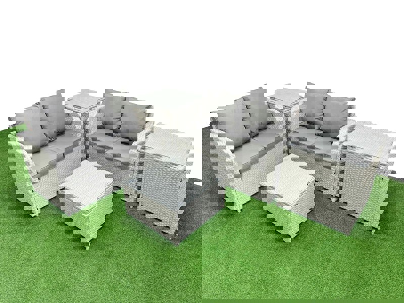 Fimous 4 Seater Outdoor Love Sofa Set Rattan Garden Furniture Set with Square Coffee Table 2 Side Tables Light Grey