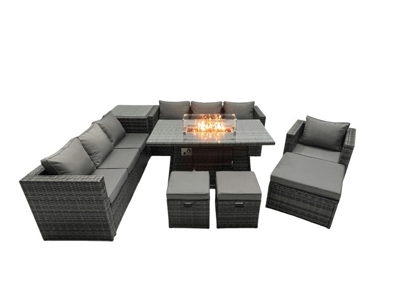 Fimous Rattan Garden Furniture Firepit Dining Set 7 Seater Lounge Sofa Table Set with side table 3 Footstool