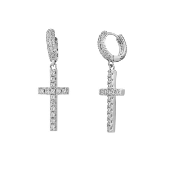 Spero London Full Pave Cross Sterling Silver Drop Hoop Earring